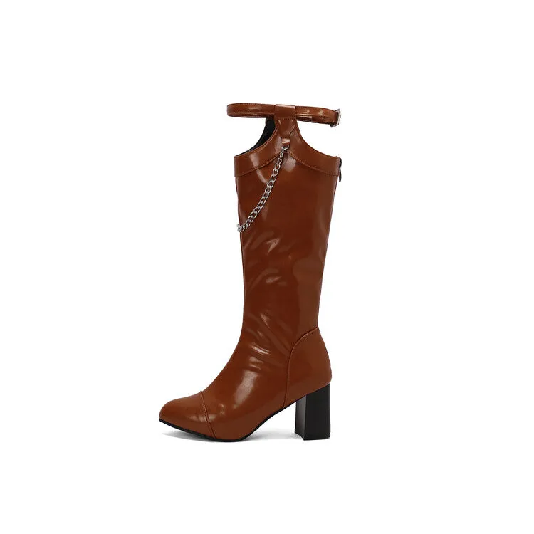 Women's Chains Pointed Toe Block Heel Knee High Boots